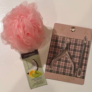 Pink Bath Pouf Loofah w/Citrus Coconut Shower Gel Sample Manicure set Brand New